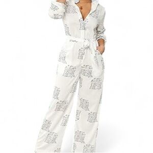 CHICME White Script Print Jumpsuit L, Long Sleeves Button Front W/Pockets NWOT